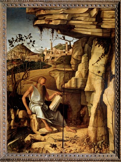 Pyhä Hieronymus autiomaassa Giovanni Bellinin maalaus dit il Giambellinon (n. 1430-1516) 1479 Koko 145x114 cm Palazzo Pitti Florence tekijältä Giovanni Bellini