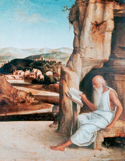 Pyhä Jerome lukemassa maisemassa, n. 1450-1516 tekijältä Giovanni Bellini