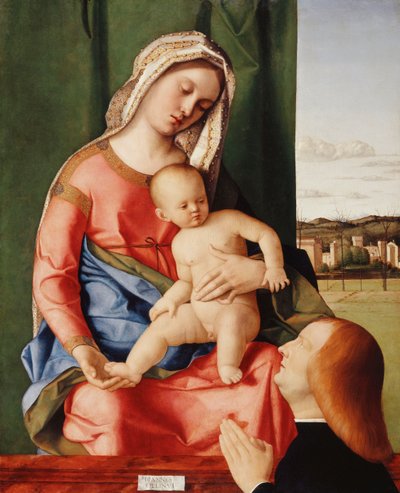 Madonna ja lapsi miesluovuttajalla, maisema takana, tekijältä Giovanni Bellini