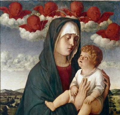 Neitsyt lapsen ja enkelien kanssa. Yksityiskohta (tempera paneelissa tekijältä Giovanni Bellini