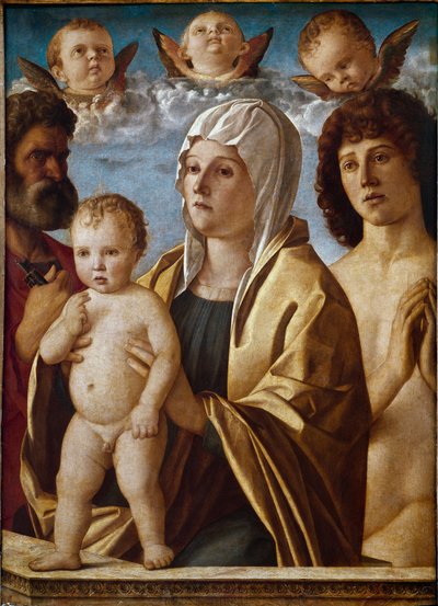 Neitsyt lapsen kanssa pyhän Pietarin ja pyhän Sebastianin kanssa (tempera paneelissa tekijältä Giovanni Bellini