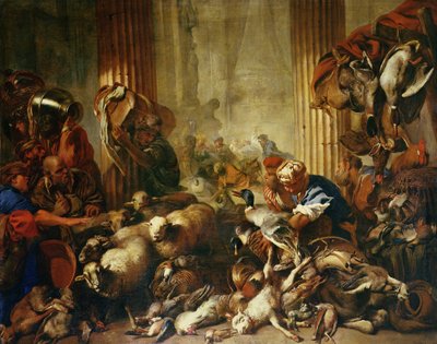 Jeesus ajaa kauppiaita temppelistä (öljy kankaalle) tekijältä Giovanni Benedetto Castiglione
