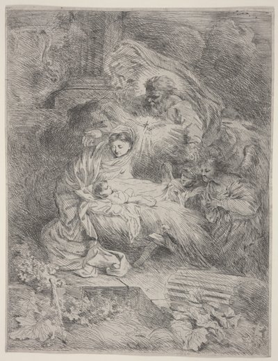 Syntymä Isä Jumala, Pyhän Hengen kyyhkynen ja enkelit, n. 1645 (etsaus) tekijältä Giovanni Benedetto Castiglione