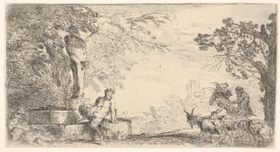 Satyyri makaamassa Priapuksen patsaan juurella, vuohet oikealla, n. 1645-48. tekijältä Giovanni Benedetto Castiglione