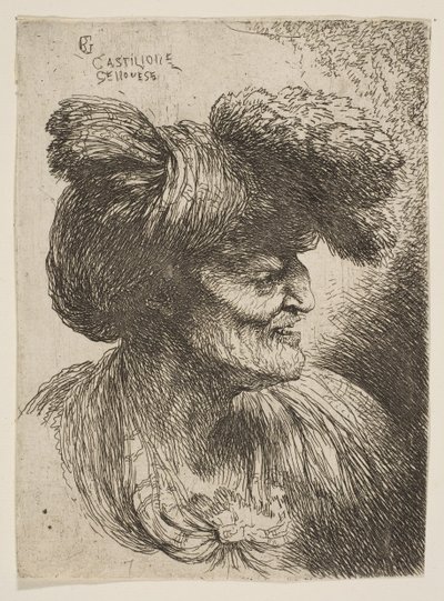 Parrattoman vanhan miehen rintakuva profiilissa oikealle, sarjasta Small Head..., n. 1645-1650. tekijältä Giovanni Benedetto Castiglione