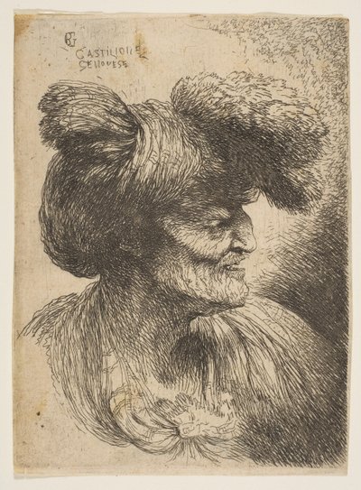 Parrattoman vanhan miehen rintakuva profiilissa oikealle, sarjasta Small Heads ..., n. 1645-50. tekijältä Giovanni Benedetto Castiglione