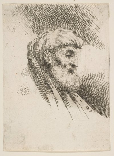 Vanhan parrakkaan miehen pää oikealle, sarjasta Small Heads in Orien..., n. 1645-1650. tekijältä Giovanni Benedetto Castiglione