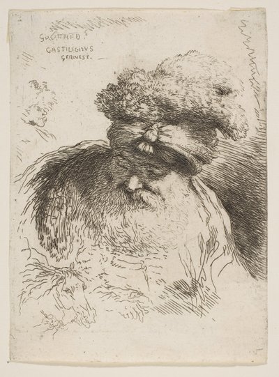 Vanhan parrakkaan miehen pää, jolla on turbaani, sarjasta Small Heads in Orie..., n. 1645-1650. tekijältä Giovanni Benedetto Castiglione