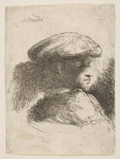 Mies profiilissa oikealle päin, karvahattu yllään sarjasta "Small Heads in Or..., ca. 1645-1650. tekijältä Giovanni Benedetto Castiglione