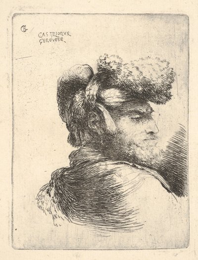 Mies profiilissa oikealle päin, karvahattu yllään, sarjasta Small Heads in Or..., ca. 1645-1650. tekijältä Giovanni Benedetto Castiglione