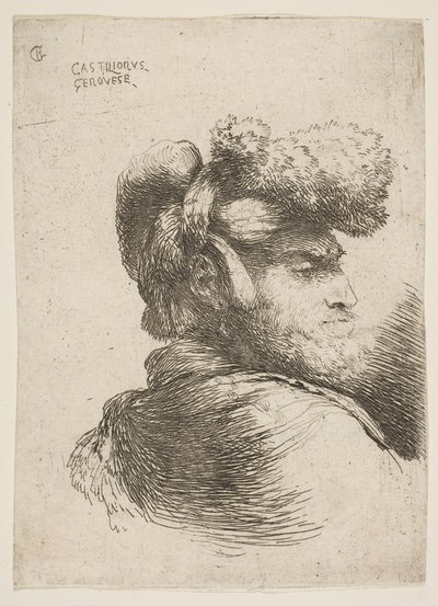 Mies profiilissa oikealle päin, karvahattu yllään, sarjasta Small Heads in Or..., ca. 1645-1650. tekijältä Giovanni Benedetto Castiglione