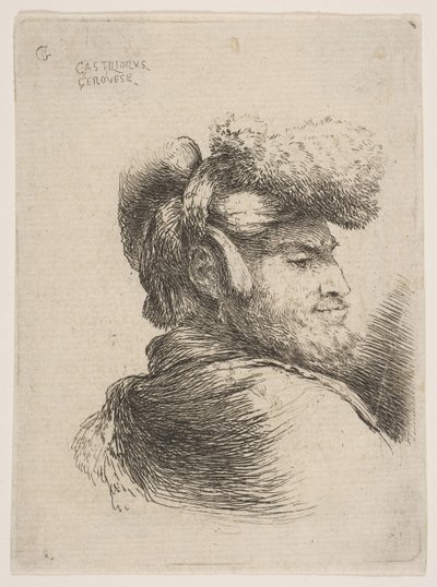 Mies profiilissa oikealle päin, karvahattu yllään, sarjasta Small Heads in Orie..., n. 1645-50. tekijältä Giovanni Benedetto Castiglione