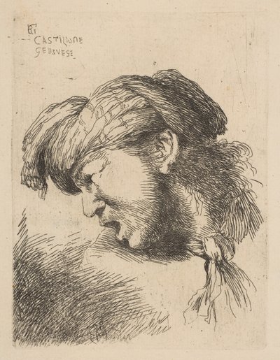Mies turbaanissa, solmio kaulassa, kasvot vasemmalle, sarjasta ..., n. 1645-50. tekijältä Giovanni Benedetto Castiglione