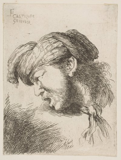 Mies, jolla on turbaani, solmio kaulassa, kasvot vasemmalle, sarjasta..., 1645-1650. tekijältä Giovanni Benedetto Castiglione