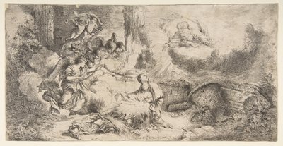 Neitsyt ja lapsi, Jumala isä ylhäällä oikealla, enkelit vasemmalla, n. 1647-50. tekijältä Giovanni Benedetto Castiglione