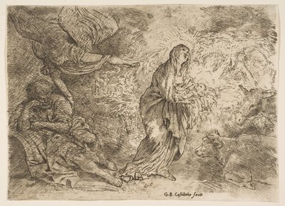 Enkeli herättää Joosefin Neitsyen ja Lapsen läsnäoloon, n. 1645-49. tekijältä Giovanni Benedetto Castiglione