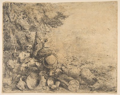 Kaksi paimenta, aasi ja muita eläimiä maisemassa, n. 1638-1640. tekijältä Giovanni Benedetto Castiglione