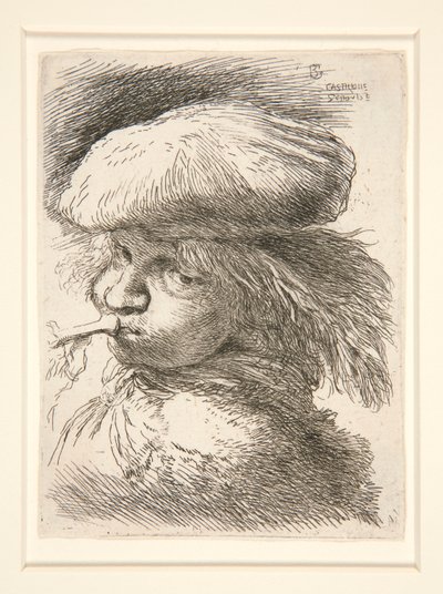 Nuori mies puhaltaa trumpettia, sarjasta Les petites tetes d tekijältä Giovanni Benedetto Castiglione