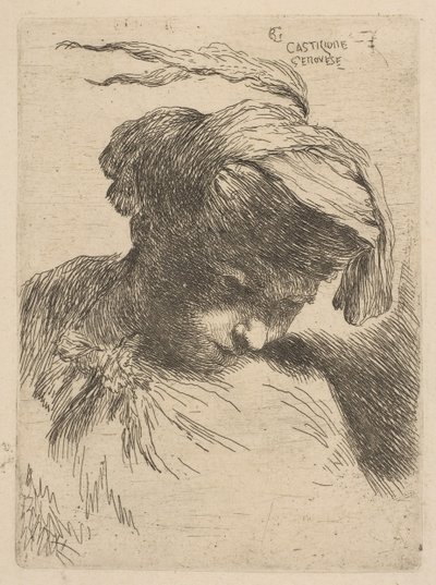 Nuori mies katsoo alas oikealle, sarjasta Small Heads in Oriental Headdr..., ca. 1645-50. tekijältä Giovanni Benedetto Castiglione