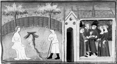 Dekameron, Cimon tarkkailee Iphigeniaa; vietetään kaksoishäitä. Viides päivä, novelli 1 tekijältä Giovanni Boccaccio