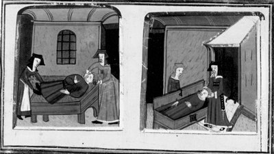 Dekameronissa Mazzeon vaimo uskoo rakastajansa kuolleen; nainen kätkee ruumiin arkkuun. Neljäs päivä, novelli 10 tekijältä Giovanni Boccaccio