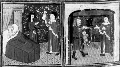 Decameron, Simone lääkäri antaa Calandrinolle infuusion; Calandrino maksaa lääkärille. Yhdeksäs päivä, novelli 3 tekijältä Giovanni Boccaccio
