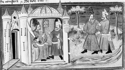 Dekameronissa Melkisedek kertoo Saladinille vertauksen kolmesta sormuksesta; miehistä tulee ystäviä. Ensimmäinen päivä, novelli 3. tekijältä Giovanni Boccaccio