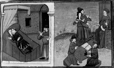 Decameron, Philippa paljastuu miehensä aviorikoksesta; vaimo puolustaa itseään tuomarin edessä . Kuudes päivä, novelli 7 tekijältä Giovanni Boccaccio