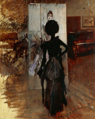 Nainen maalarin studiossa Giovanni Boldinin (1842-1931) valkoista pastellia päin tekijältä Giovanni Boldini