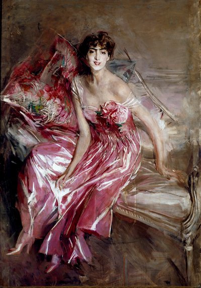 Giovanni Boldinin rouva Olivia Concha de Fontecillan muotokuva tai nainen vaaleanpunaisessa maalauksessa tekijältä Giovanni Boldini