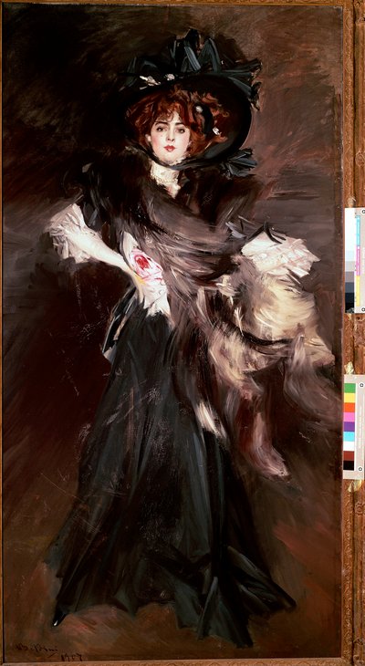 Mademoiselle Lantelmen muotokuva Nuori nainen pukeutuu mustaan ​​Belle Epoque -muotiin. Giovanni Boldinin (1842-1931) maalaus 1907 su. 227x118 cm Rooma, Modernin taiteen kansallisgalleria tekijältä Giovanni Boldini