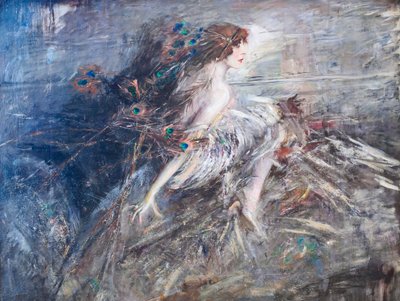 Marquise Casatin muotokuva riikinkukon höyhenillä tekijältä Giovanni Boldini