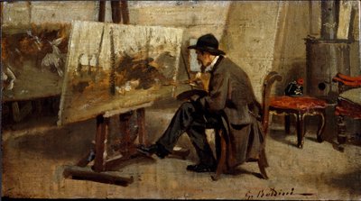 Taidemaalari Giovanni Fattori työpajassaan Maalaus Giovanni Boldinin (1842-1931) ansioksi 1863-1869 Sun. 13x24 cm Milanon yksityinen kokoelma tekijältä Giovanni Boldini