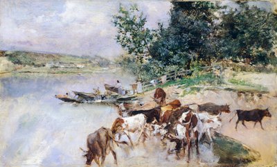 Nautakarjan juottaminen Seinen rannalla, Giovanni Boldini (1842-1931) tekijältä Giovanni Boldini