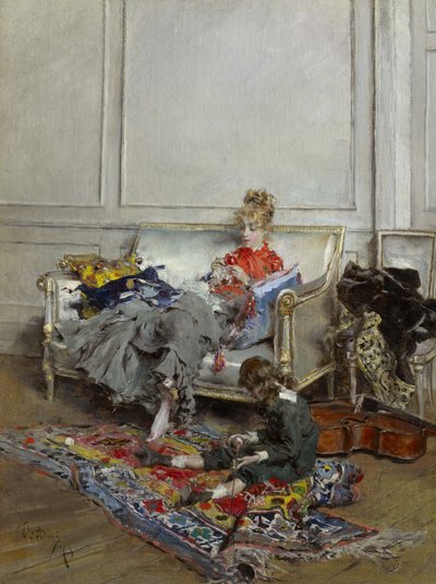 Nuori nainen virkkaamassa, 1875 tekijältä Giovanni Boldini