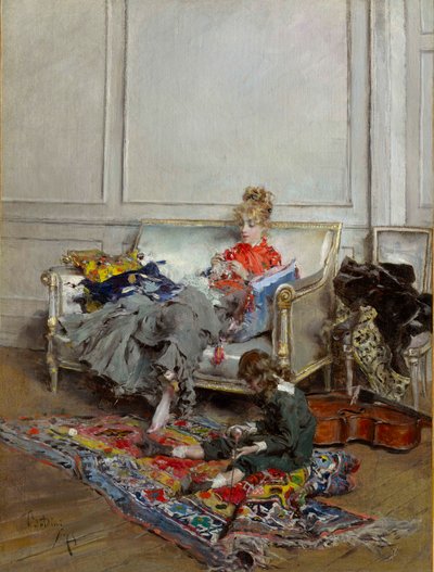 Nuori nainen virkkaamassa tekijältä Giovanni Boldini