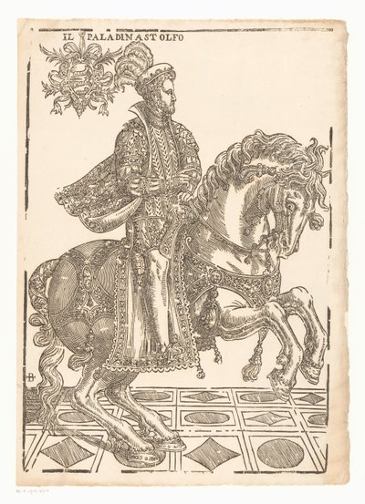 Astolfo hevosen selässä Il Paladin Astolfo (otsikko esineessä) tekijältä Giovanni Britto