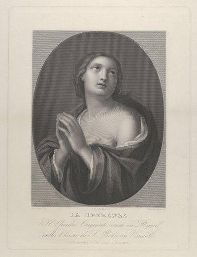 Naispuolinen henkilöhahmo Hope katsoo ylös kädet yhdessä ja vasen olkapää..., n. 1835-81. tekijältä Giovanni Buonafede