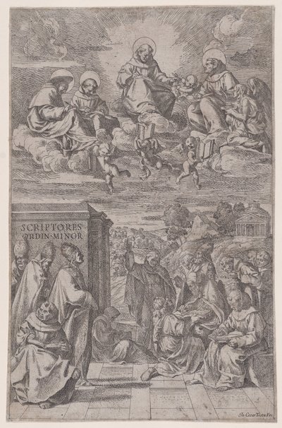Kirkkokunta maisemakirjoituksessa, toiset yllä olevassa taivaallisessa maailmassa, n. 1650. tekijältä Giovanni Cesare Testa
