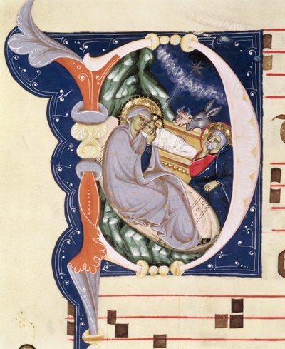 Ms 561 f.31v Historioitu alkukirjain "D", joka kuvaa syntymää, asteittaisesta San Jacopo di Ripolin luostarista, 1300-luvun alussa tekijältä Giovanni Cimabue