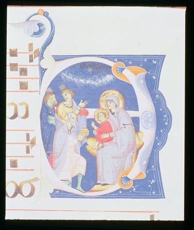 Ms 561 f.37r Historioitu alkukirjain "O", joka kuvaa tietäjien palvontaa, San Jacopo di Ripolin luostarista 1300-luvun alussa tekijältä Giovanni Cimabue