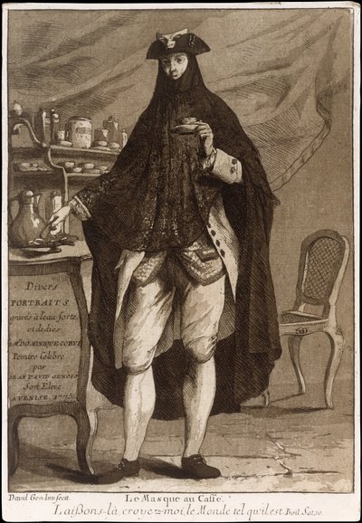 Mies, jolla on naamio ja joi kupin kahvia Le Masque au Caffé, 1775. tekijältä Giovanni David