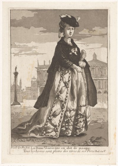 Venetsialainen rouva La Dame Venitienne en habit de masque (otsikko esineessä) Monipuoliset muotokuvat (sarjan nimi) tekijältä Giovanni David