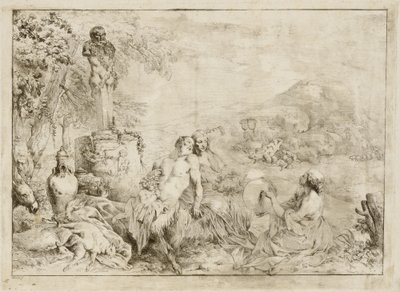 Maisema satyyriperheen ja klassisen veistoksen kanssa tekijältä Giovanni David after Giovanni Benedetto Castiglione