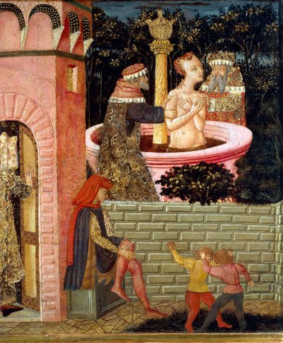 Tarinoita Susannesta, noin 1450, maalatun arkun etupaneeli, Giovanni di Ser Giovanni, joka tunnetaan nimellä Lo Scheggia (1406-1486), tempera puulla Yksityiskohta tekijältä Giovanni Di Ser Giovanni Lo Scheggia Guidi