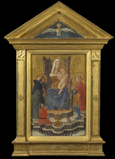 Neitsyt ja lapsi valtaistuimella, pyhät Anthony Abbot ja Julianus sekä lahjoittaja (päätypäällystys yllä - Pyhä Henki), n. 1430 (tempera paneelissa) tekijältä Giovanni Di Ser Giovanni Lo Sheggia (attr. to) Guidi