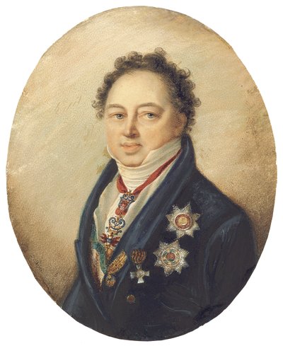 Kreivi Dmitri Pavlovich Tatishchev, kasvot vasemmalle sinisessä takissa, valkoisessa liivissä ja takissa tekijältä Giovanni Domenico Bossi