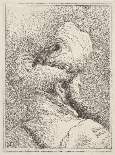 Partainen turbaanipäinen mies, kuvattuna rintakuvana takaapäin kolmen neljäsosan näkymässä, sarjasta "Kokoelma päitä" (Raccolta di teste) tekijältä Giovanni Domenico Tiepolo