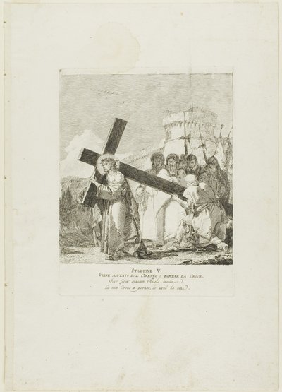 Simon Kyreneläinen auttaa Kristusta, levy viisi Ristin vaiheista tekijältä Giovanni Domenico Tiepolo