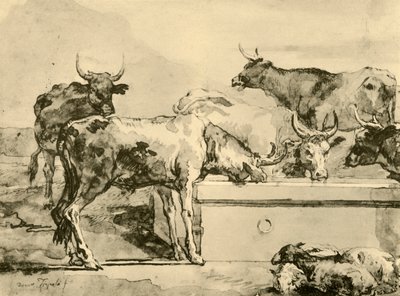 Lehmät juottavat, 1700-luvun puolivälissä, 1928 tekijältä Giovanni Domenico Tiepolo